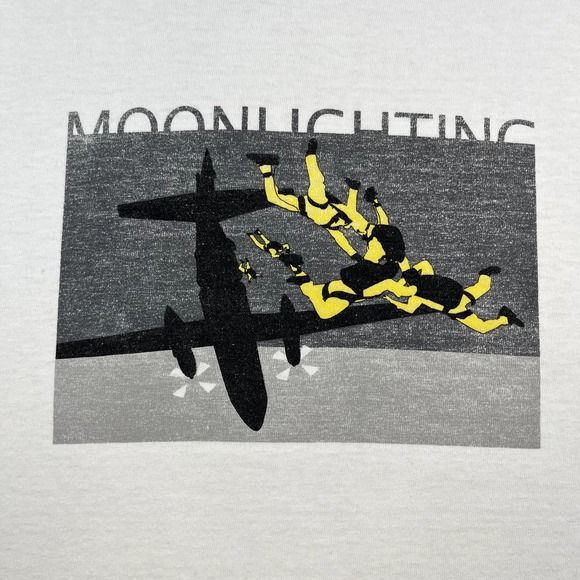 Vintage Stussy T-Shirt Adult Medium White Moonlighting Futura Plane Skydive y2k - Picture 3 of 13